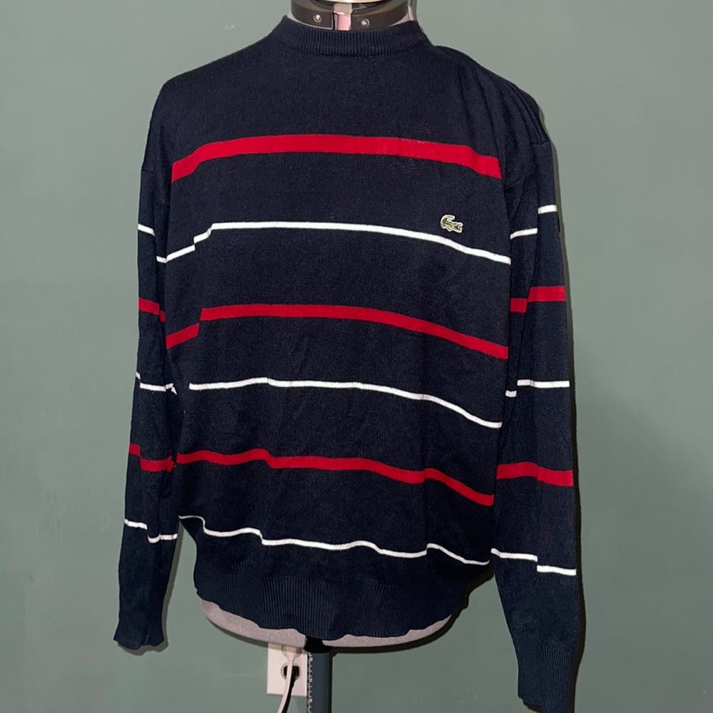Lacoste Sweater Men Size L Blue Red White Striped  100% Cotton